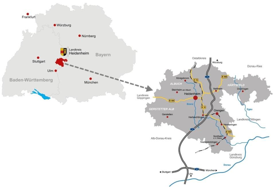Karte zur Lage des Landkreises Heidenheim in Baden-Württemberg